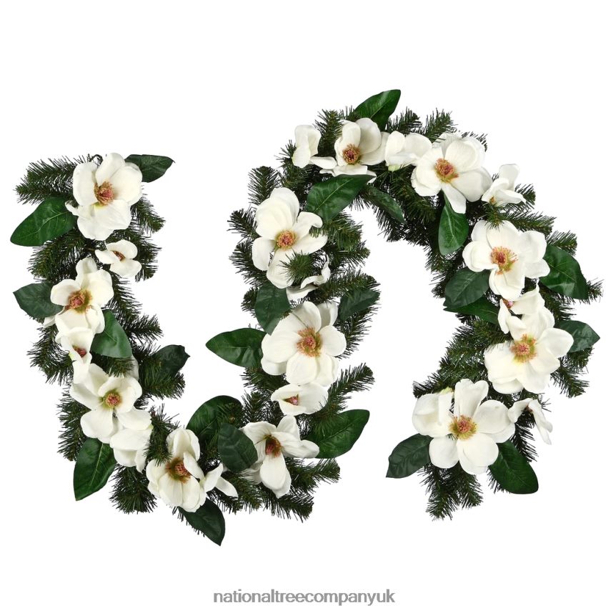 Greenery | National Tree Company Artificial Garland North Valley Spruce Green Decorated with Magnolia Flower Blooms Christmas Collection 6 Feet F2L4F408